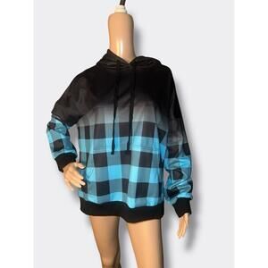 Blue Ombre Plaid Hoodie Pullover Sweatshirt Size XL